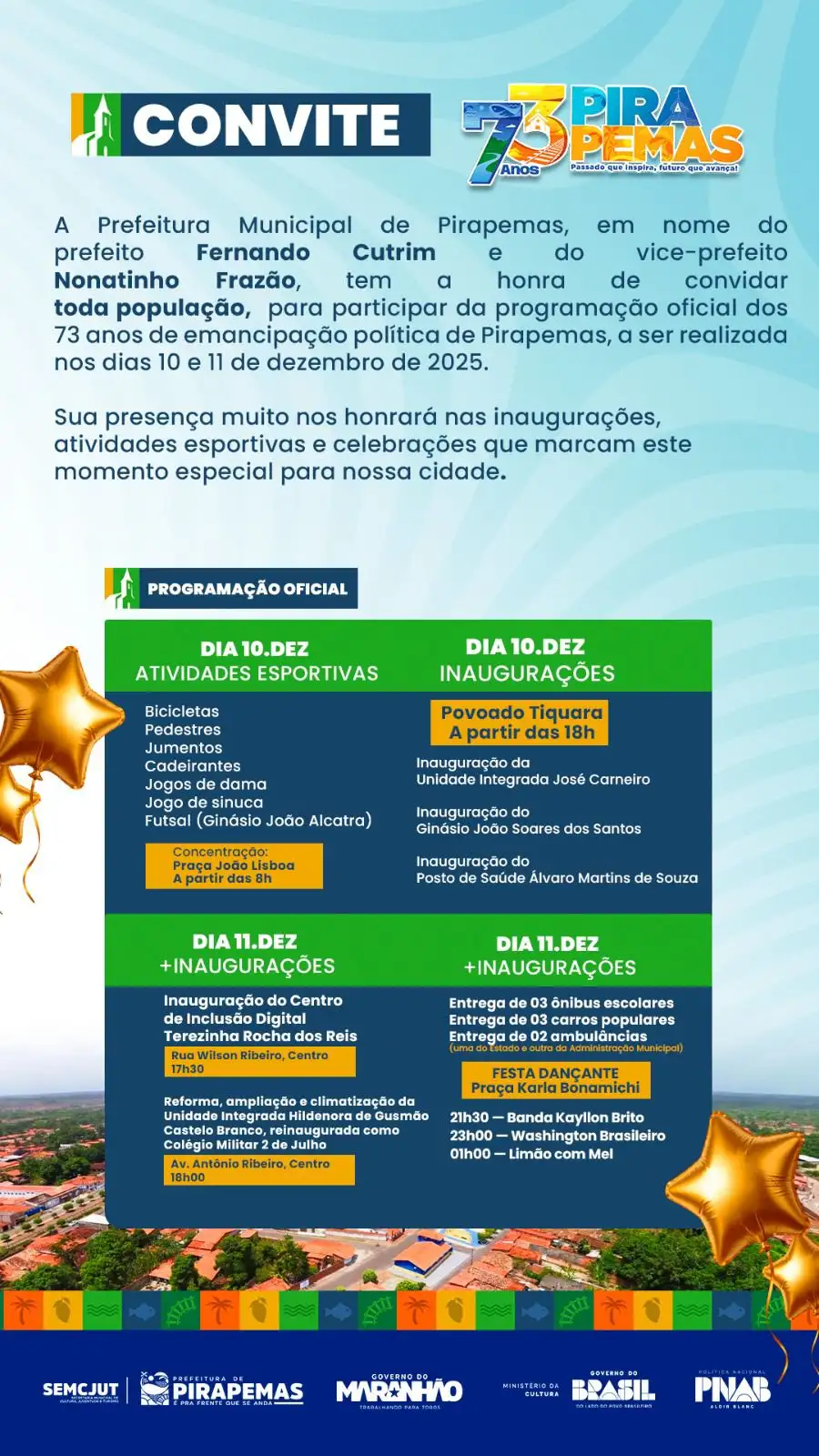🎉 PIRAPEMAS 73 ANOS – CONVITE ESPECIAL! 🎉